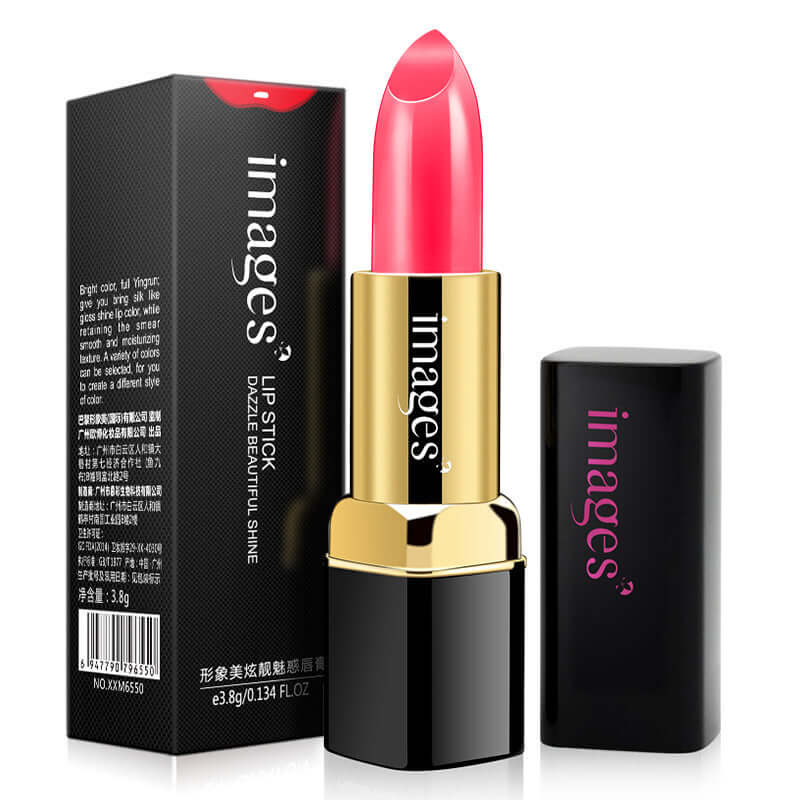 Moisturizing Lip Gloss in a vibrant pink lipstick tube with black packaging and gold accents.