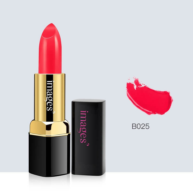 Moisturizing Lip Gloss in B025 Carmine red shade, showcasing a vibrant red lipstick and swatch.