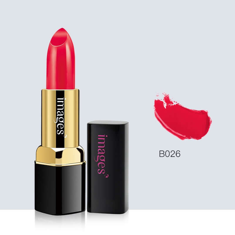 Moisturizing Lip Gloss: B026 Classic red lipstick in elegant packaging, shown with a swatch beside it.