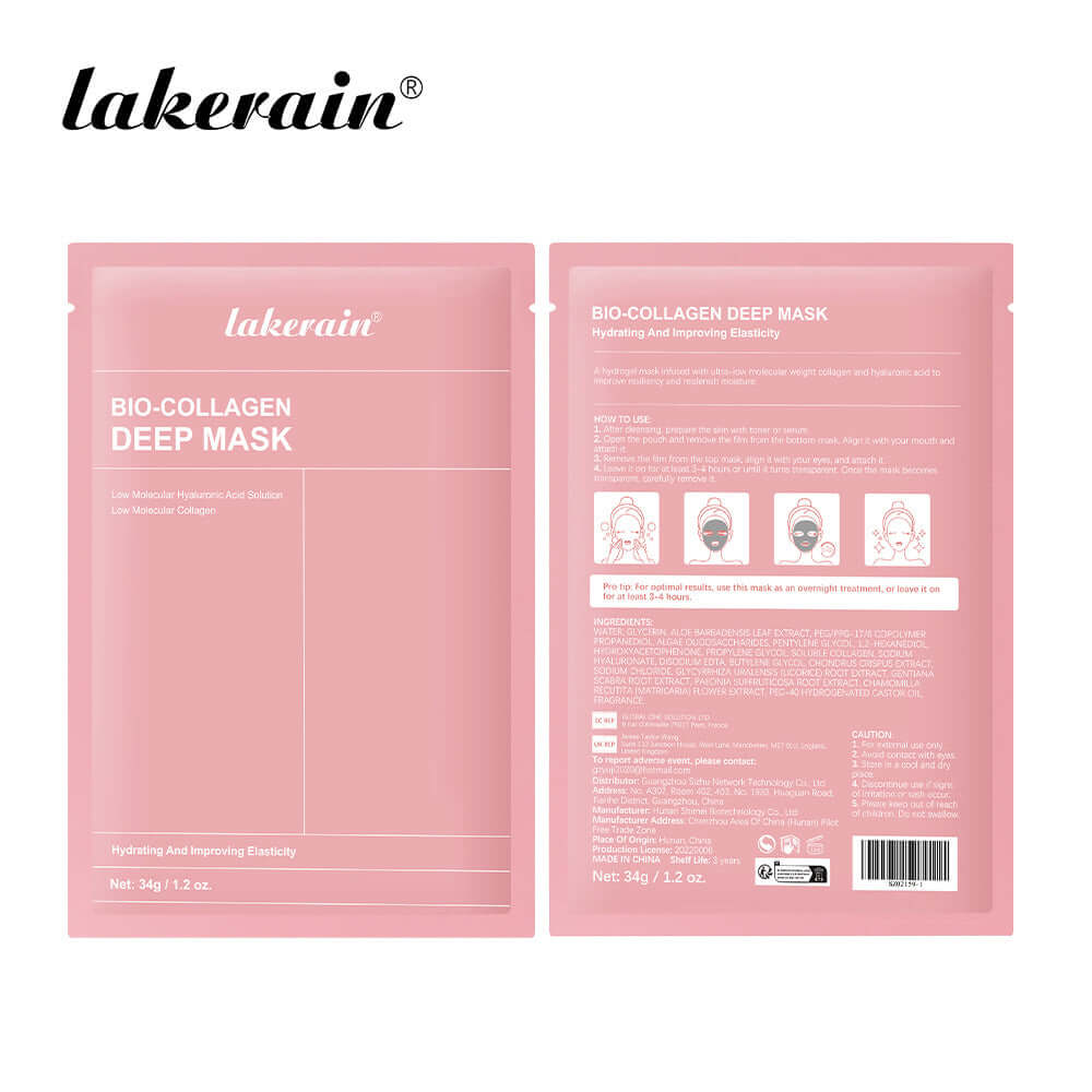 Bio-Collagen Deep Mask by Lakerain packaging, features hydration and elasticity benefits for skincare.