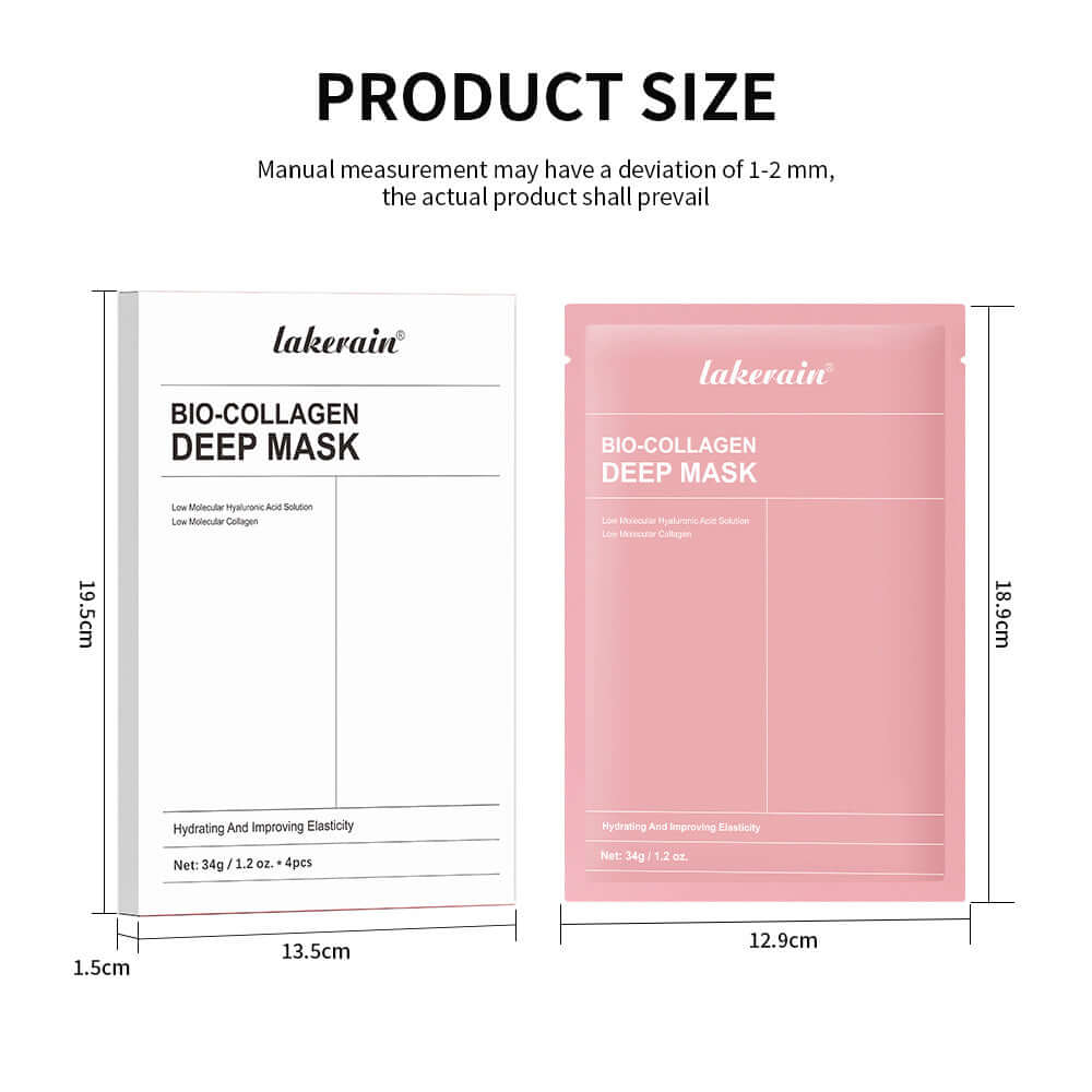 Collagen Hydrogel Face Mask size guide showing dimensions and packaging details for hydration and glow.