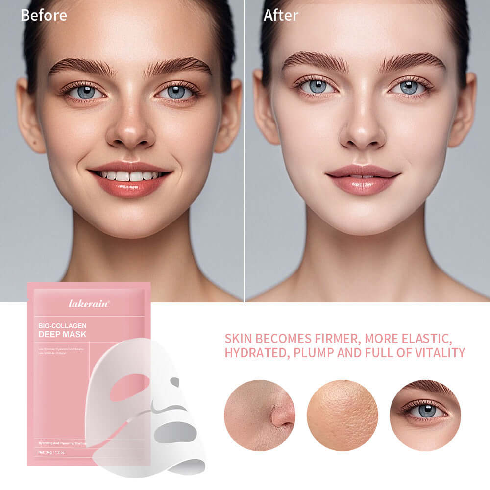Before and after results of using Collagen Hydrogel Face Mask, showcasing improved hydration and skin vitality.